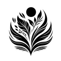 Abstract Black and White Botanical with a Central Sun Symbol and Leafy Symmetry on White Background. vector