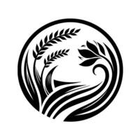 Black and white stylized emblem featuring wheat, leaves, and flowing water elements inside a circular frame, evoking nature. vector