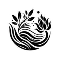 Stylized Black and White Floral Design A minimalist, circular arrangement with a flower, leaves, and flowing lines, creating a calm and natural ambiance. vector