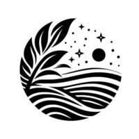 Monochromatic Circular Illustration of a Branch with Leaves, Night Sky, and Rolling Landscape, in a minimalist style. vector