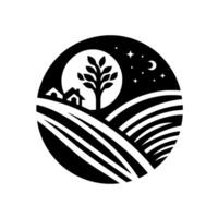 Serene night scene in a circle, featuring a silhouetted farmhouse, tree, rolling fields, moon, and stars in a stylized black and white design. vector