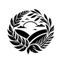 Black and white minimalist nature illustration depicting rolling hills, clouds, and a rainbow embraced by a laurel wreath. vector