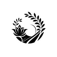 Minimalist Black and White Emblem A Lotus Flower with Leafy Crescent, Symbolizing Harmony and Serenity vector
