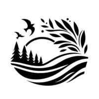 Black and white minimalist nature scene within a circle featuring fir trees, birds in flight, stylized leaves, and rolling hills. vector