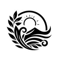 Black and white circular featuring mountain and sun, encompassed by stylized leaves and waves. vector