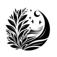 Elegant Minimalist Black White Circular Design Lush Foliage, Crescent Moon, and Sparkling Stars, a Symbolic Serene Nightscape. vector