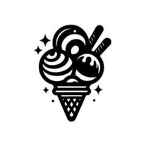 Black and White Stylized Ice Cream Cone with Three Scoops, Two Wafers, and Sparkles, Modern Minimalist Design. vector
