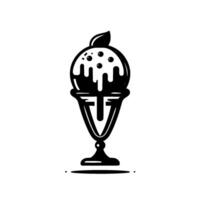 Minimalist Black and White Logo Ice Cream Sundae with Dripping White Frosting and Berry Toppings in Elegant Pedestal Glass. vector