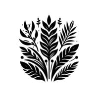 Symmetrical Black and White Botanical Illustration Stylized Leaves, Branches, and Berries in an Oval Composition on a White Background vector