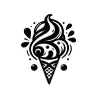 Stylized Black and White Ice Cream Cone with Decorative Swirls, Splashes, and Dots on White Background. vector