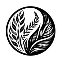 Intricate Black and White YinYangEsque Botanical with Detailed Leafy Elements Enclosed within a Circular Frame. vector