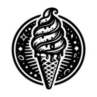 Whimsical Black and White Ice Cream Cone with Dripping Melts Encircled by a Decorative Circular Frame with Starry Elements vector