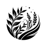 A minimalist black and white circular composition of stylized leaves and stems, creating an elegant organic illustration. vector