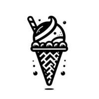 Artistic Black and White Illustration of an Ice Cream Cone with Decorative Details and a Wafer Stick, on a White Background. vector