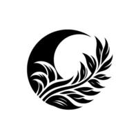 Black and White Circular Design Crescent Moon Intertwined with Foliage, Abstract Botanical Motif. vector