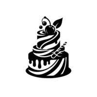 Black and White TwoTiered Cake Silhouette with Cherries, Dripping Frosting, and Striped Details, Isolated on White. vector