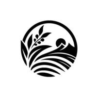 Stylized Black and White Circular Featuring Wheat, Fields, Sun, and Mountains, Evoking Nature and Harmony. vector