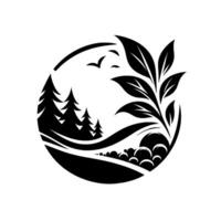 A minimalist black and white nature emblem, featuring pine trees, foliage, birds, hills, and a circular frame. vector