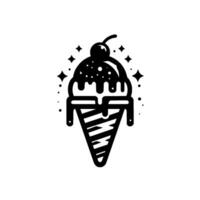 Stylized Black White Ice Cream Cone with Cherry, Dripping Chocolate, and Sparkling Starbursts on a Clean White Background. vector