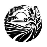 Minimalist Black White Circular Illustration Sunset over fields with stylized plants, birds, and ocean, creating a serene and natural scene. vector
