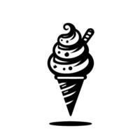 Vectorstyle, Black and White Ice Cream Cone with Swirled Ice Cream, Wafer, and a Subtle Shadow on a White Background. vector