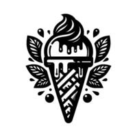 A monochrome depicting a decadent ice cream cone with dripping chocolate, surrounded by stylized leaves and stylized droplets, perfect for design. vector
