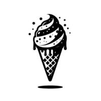 A stylized black and white ice cream cone illustration, featuring a swirled top, dripping texture, and scattered dots on a white background. vector