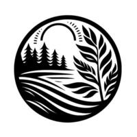 A circular silhouette of a natural landscape, featuring a forest scene with stylized trees, a segmented arch, and a leaf branch, all in contrasting black and white. vector