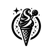 Black and white illustration of a swirl ice cream cone with a candy decoration inside a starburst circle on a white backdrop, clean lines. vector