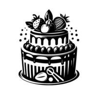 TwoTiered Black and White Cake, Decorated with Berries and Chocolate Drizzle, with Serving Utensils. vector