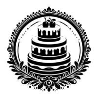 Elegant black and white cake illustration featuring three tiers adorned with dripping frosting and cherries, encompassed within a decorative floral frame. vector