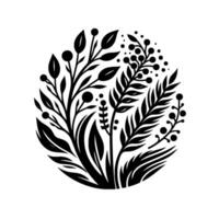 Abstract Black and White Floral Arrangement in a Circle Leaves, Berries, and Botanical Elements vector