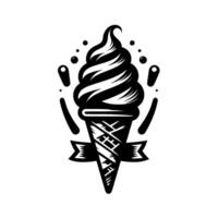 Stylized Black and White Ice Cream Cone Illustration with Swirls, Decorative Elements, and Banner on White Background. vector
