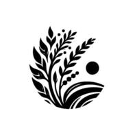 Black and White Minimalist Botanical Design Stylized Foliage, Berries, Circle, and Curved Lines Against a Plain White Background. vector