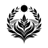Symmetrical Black and White Emblem a stylized floral with a sunburst above a stylized water line, framed by laurel branches. vector