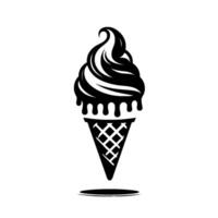 Simple, Black and White Illustration of Swirly Soft Serve Ice Cream Cone with Dripping Melt. vector