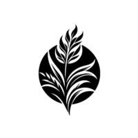 A stylized black and white illustration of a plant with stylized leaves and branches encased in a circular black background, set against white. vector