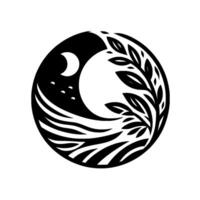A circular, minimalist black and white featuring a crescent moon, stars, stylized waves, and a leafy branch within a natureinspired composition. vector