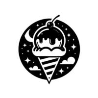 Monochrome Ice Cream Cone, CherryTopped Sundae in a Night Sky Circle with Clouds, Stars and Moon. vector