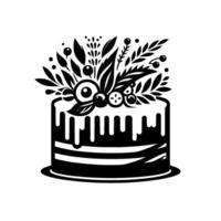 Monochrome Cake Illustration Artistic rendering of a twotiered cake, adorned with stylized floral elements, berries, and decorative frosting. vector