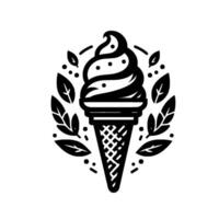 Elegant Black and White Ice Cream Cone Surrounded by Leafy Circle on a White Background. vector