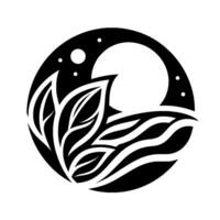 Black and White Circular Design Moon, Foliage, and Waves in a Minimalist, VectorStyled Composition. vector