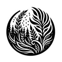 Intricate black and white circular showcasing stylized forest, trees, and leaves with a serene and minimalist artistic expression. vector