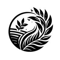 A stylized, monochrome circular depicting a field with stylized plants and leaves, two birds, and a subtle, naturalistic landscape. vector