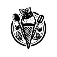 Monochromatic Ice Cream Cone with Fruit and Mint, a Circular Frame, Spoon and Spatula, Modern vector