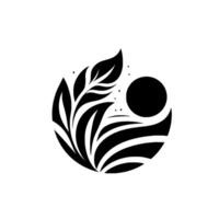 Abstract Black and White Circle Composition Featuring Leaves, Sun, and Field Lines on a White Backdrop. vector