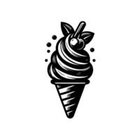 Elegant Black White Line Art of Ice Cream Cone with Cherry Topping and Decorative Bubbles. vector
