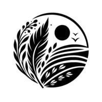 YinYang inspired minimalist black and white nature illustration depicting fields, plants, sun, and birds within a circular frame. vector