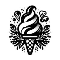 Black and White Stylized Illustration of a Swirly Ice Cream Cone Surrounded by Decorative Leafy Elements and Ornamental Accents on a Clean White Background. vector