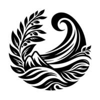 Symbolic Black and White Circular of Mountains, Waves, and Laurel, Evoking Harmony and Natures Power. vector